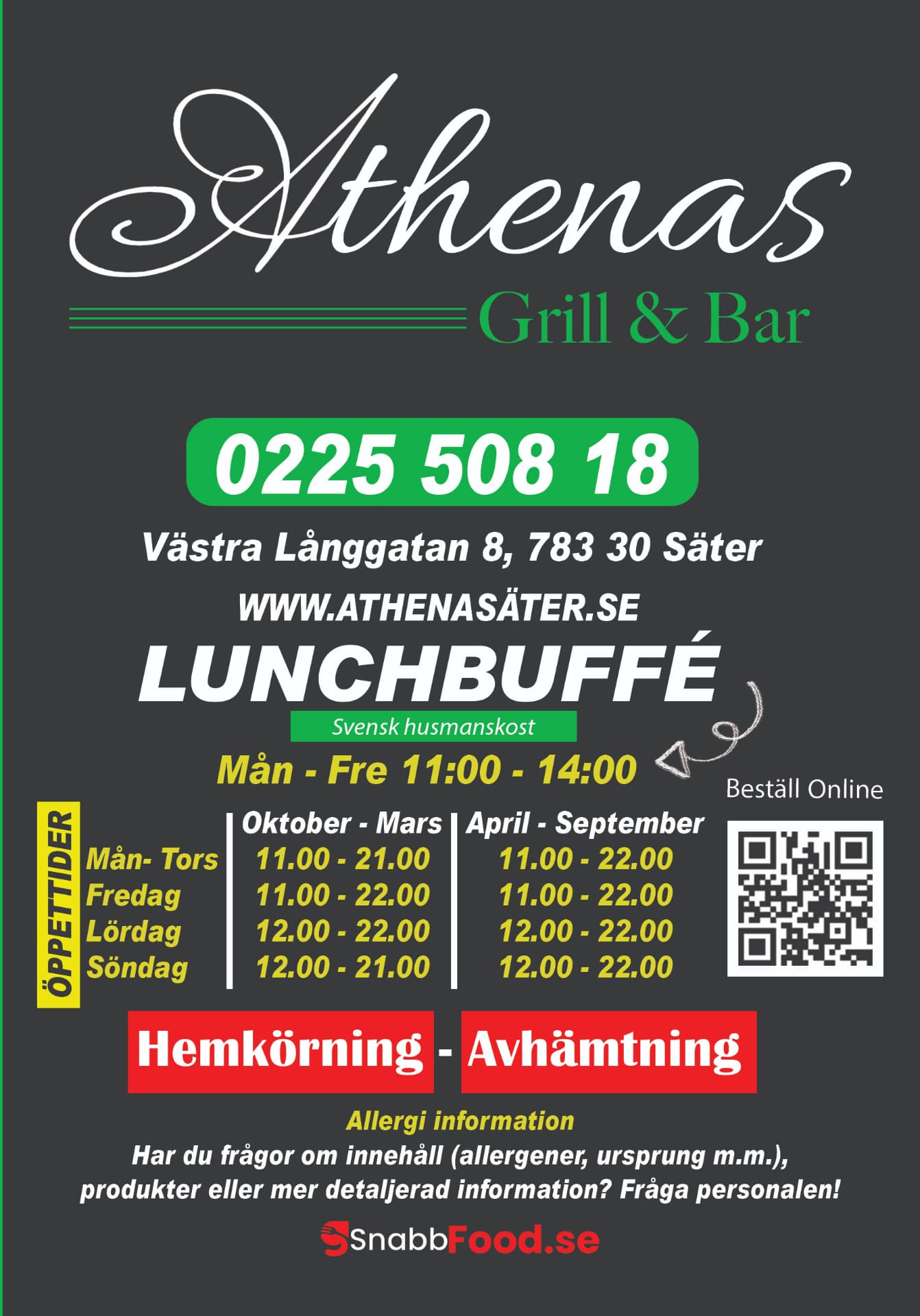 Athenas – Grill & Bar meny – Öppettider & Lunchbuffé