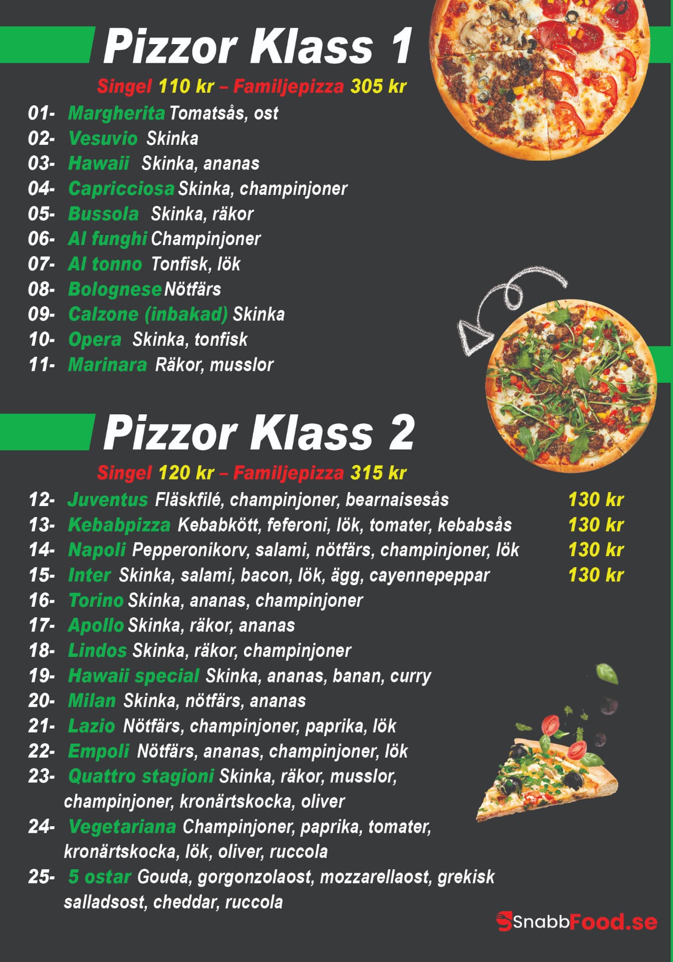 Athenas – Grill & Bar meny – Pizzor Klass 1 & 2