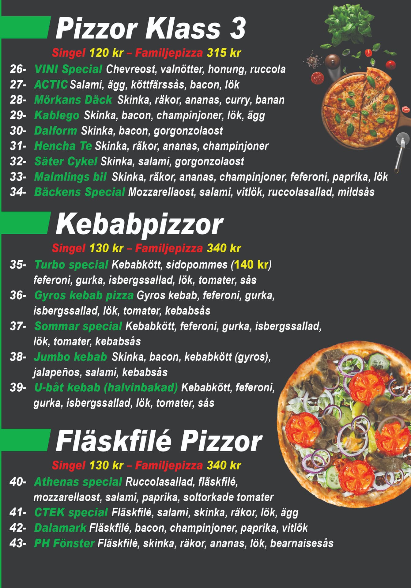 Athenas – Grill & Bar meny – Klass 3, Kebab- & Fläskfilépizzor