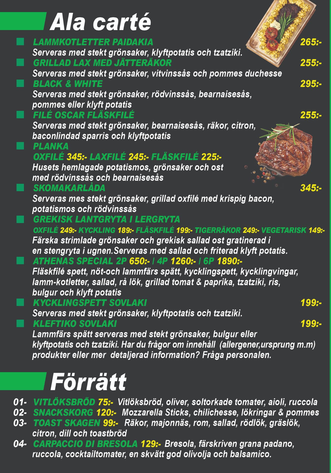 Athenas – Grill & Bar meny – À la carte & Förrätter